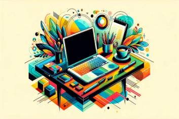 A colorful illustration of a desk with a laptop and other things on it.